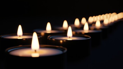 Eerie Glow of Uniform Candles, a serene line of flickering flames illuminating shadows, creating a tranquil yet mysterious atmosphere