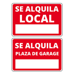 Se alquila local and se alquila plaza de garage signs on a white background (trad. Local for rent and parking space for rent)