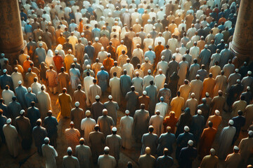 Obraz premium Eid prayer gathering with large community turnout, Muslims in traditional attire at mass prayer, unity and devotion