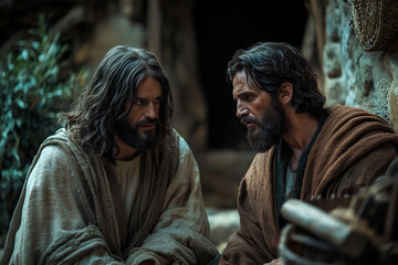 Naklejka premium Depiction of Jesus appearing to Peter after the resurrection, capturing a moment of forgiveness, redemption, and renewed purpose.