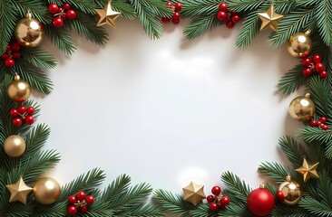 Christmas frame made of Christmas tree, balls and decorations with white background for text. Christmas card. Christmas background for text.