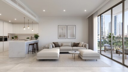 A modern, spacious living room featuring a light-colored sectional sofa, minimalistic decor, and large windows showcasing city views.