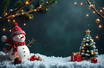 Obraz premium Christmas blue background for text with snowman, Christmas tree, snow and gifts. Christmas blue background for text with snowman, Christmas tree and snow. Christmas card with place for text.