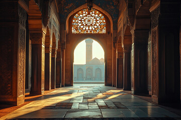 Sunlight streams through the ornate arches of a mosque corridor, casting shadows and leading to a view of a distant minaret.