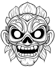Obraz premium A scary looking face with a skull on it. The face is drawn in black and white. The skull is positioned on the left side of the face and the mouth is open. The eyes are wide open
