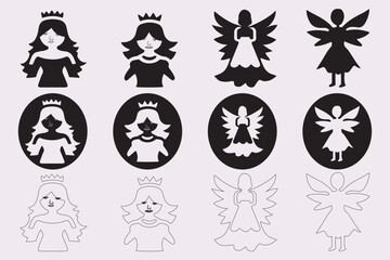 Fairy icon silhouette, avatar and outline  style profile for your favorite one. Black-white and outline vector illustration.