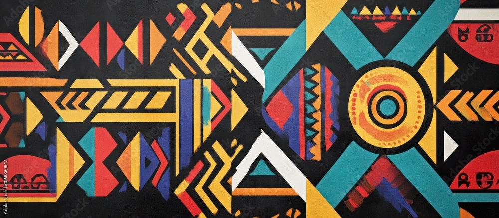 Aufkleber abstract geometric pattern with colorful shapes and black background.