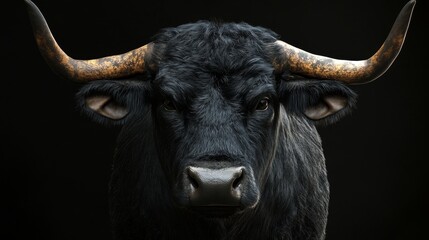 Naklejka premium Black bull with large horns looking directly at the camera against a black background.