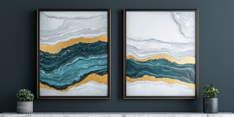 Two abstract paintings with wavy patterns in teal, gold, and white, framed and displayed on a dark wall, adding a modern touch to the interior decor.