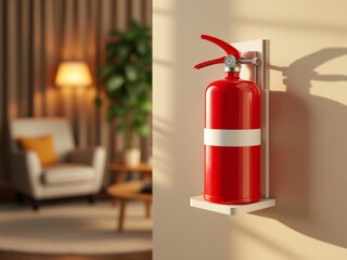 Naklejka premium Red fire extinguisher mounted on a wall in a modern living room setting with soft lighting, emphasizing home safety and preparedness in a cozy interior environment