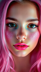 Spectacular beauty Portrait of an attractive young woman with beautiful curly pink hair and glitter on her skin. Close-up portrait of a woman.