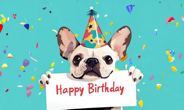 cute dog celebrates birthday holding happy birthday sign