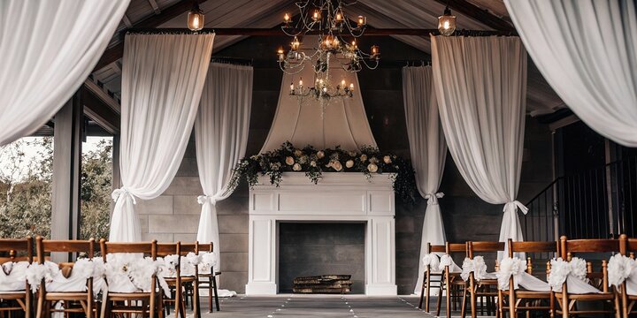 Chic Wedding Venue with Draped Curtains and Fireplace