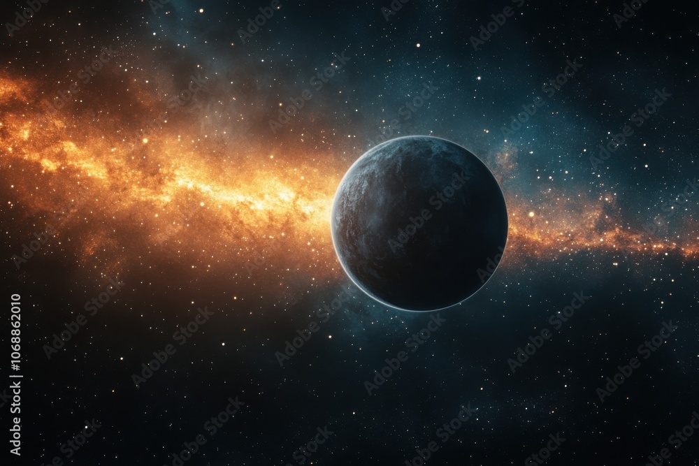 Wall mural Planet in outer space surrounded by colorful cosmic nebula.