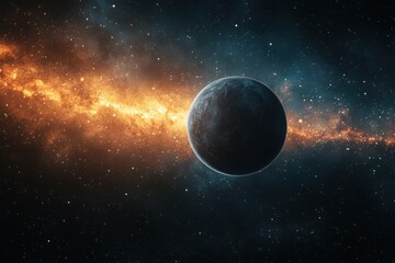 Planet in outer space surrounded by colorful cosmic nebula.