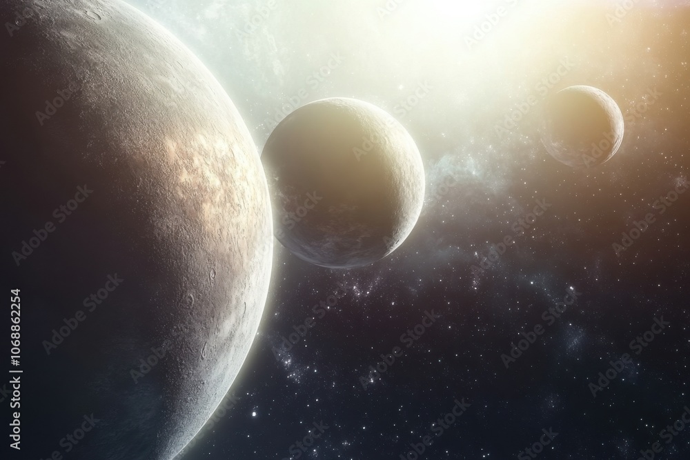 Wall mural three planets orbiting in a vast cosmic space, illuminated by distant stars.