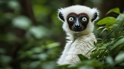 Naklejka premium Curious Coquerel's Sifaka in Lush Foliage