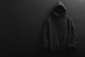 Black hoodie mockup hanging on black wall. Concept of streetwear, fashion, minimalism, and mystery.