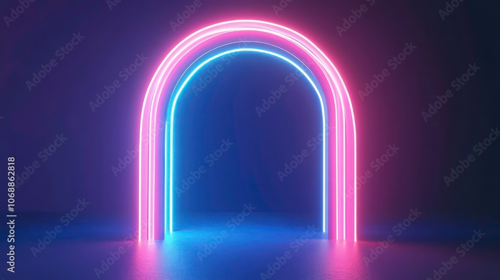 Poster a glowing neon archway in a dark space, creating a vibrant, inviting atmosphere.
