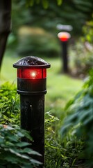 Fototapeta premium Red Light on a Black Post in a Lush Garden