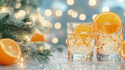 Refreshing drinks with orange slices, set against a festive backdrop.