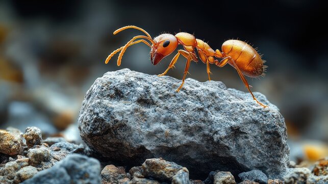A red ant with long antennae standing on a small rock.