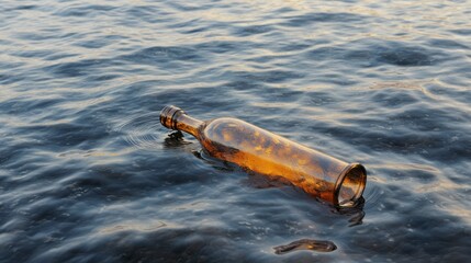 Bottle Floating on Calm Water Surface at Sunset