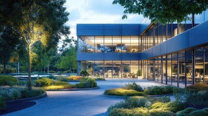 Fototapeta premium Modern two-story office building with glass walls and landscaped garden pathway, illuminated at dusk with interior lighting creating warm glow against blue evening ambiance