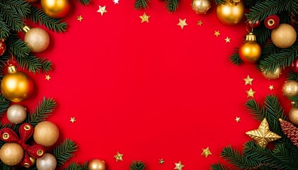 Title: Festive Border of Gold Christmas Ornaments and Pine Branches on Red Background

