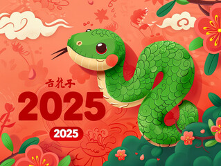 Wooden snake illustration for 2025 zodiac event, featuring festive oriental design, symbolizing prosperity and traditional Chinese New Year celebration.