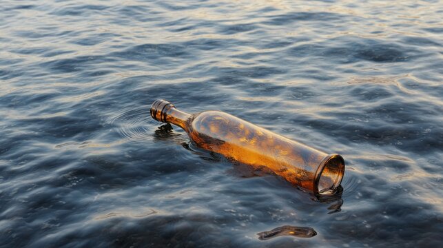 Bottle Floating on Calm Water Surface at Sunset