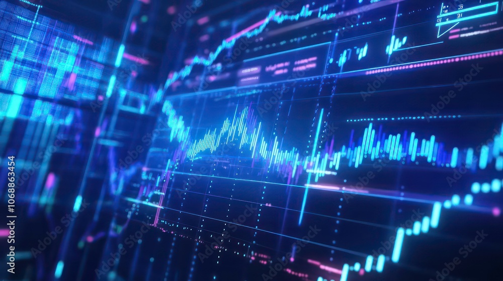 Poster abstract digital visualization of financial data and market trends.