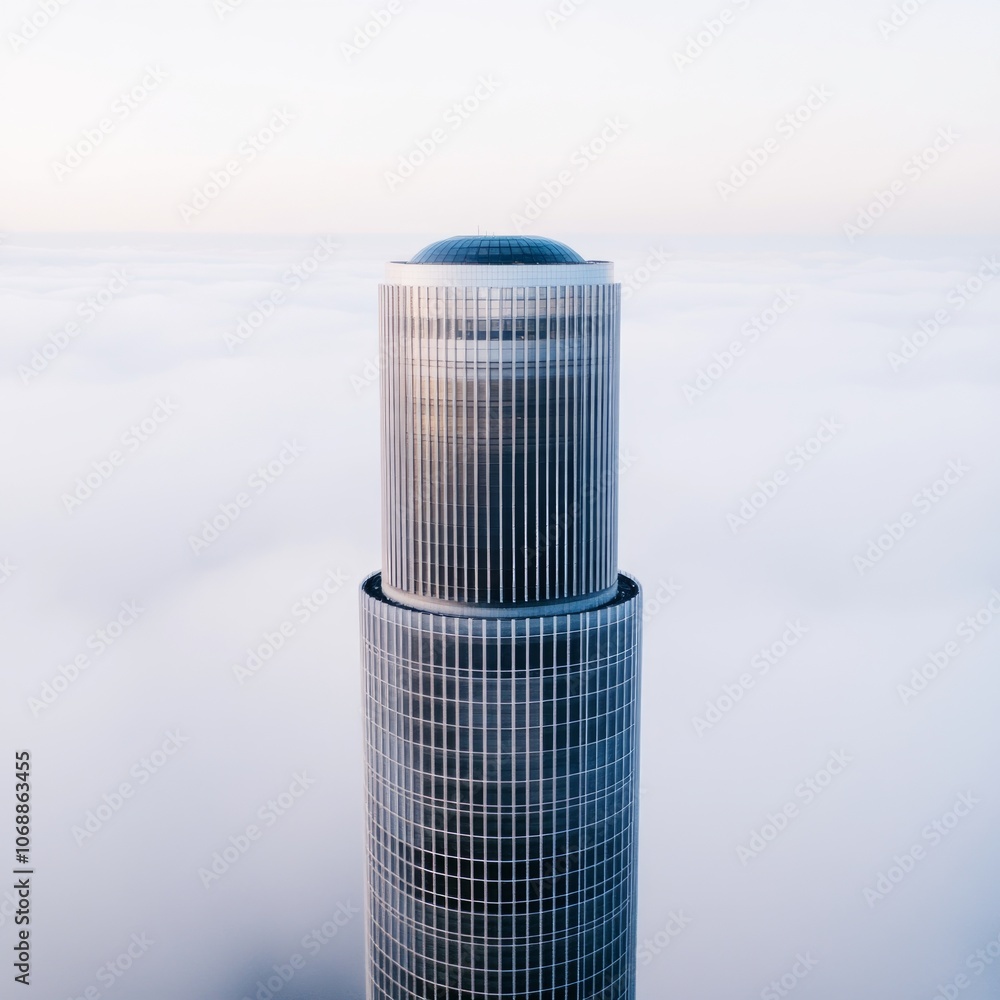 Poster a high-angle view of a tall skyscraper piercing through a layer of clouds.