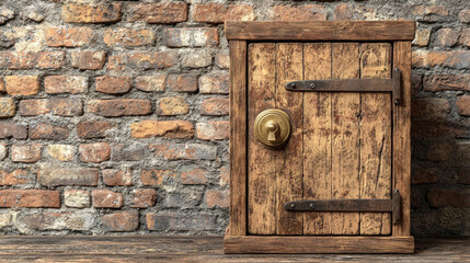 rustic wooden safe with brass lock stands against brick wall, symbolizing security and integrity. This evokes sense of trust and protection