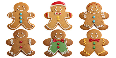 different funny cute gingerbread men isolated on transparent background
