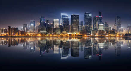 Naklejka premium Urban Brilliance: Twilight Reflections on Water