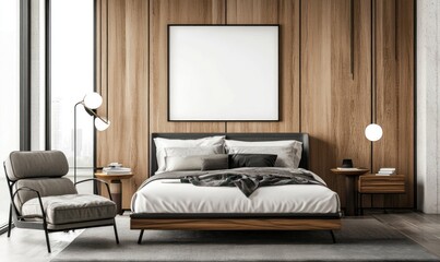 Modern bedroom interior with wooden panel walls and large bed. Elegant and minimalist design concept.