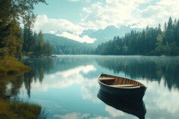 Obraz premium A wooden boat rests on a calm lake with misty mountains in the background.