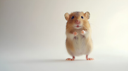 Adorable hamster standing upright on a soft gradient background, looking directly at the camera with a curious and innocent expression.
