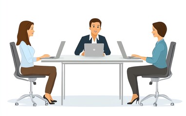 Illustration of three colleagues sitting at a table in an office, working on laptops and having a conversation, modern design with simple shapes, white background
