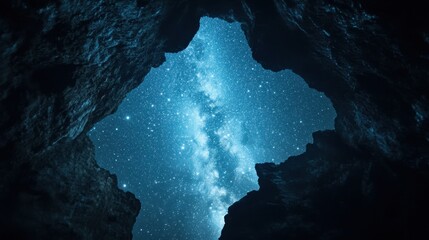 Starry Sky View from Cave Opening at Night