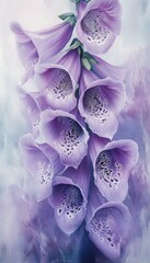 Fototapeta premium A foxglove in fluid purples and soft whites, petals blending in an abstract vertical flow on a misty background