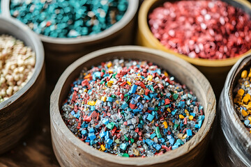 Colorful recycled plastic pellets in wooden bowls for eco-friendly manufacturing, sustainable materials, and circular economy in modern industry for environmental impact