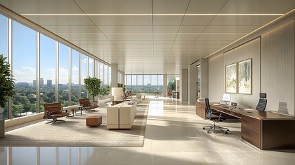 Fototapeta premium Blurred office setting, spacious layout, clean decor, sunlight streaming in, collaborative work environment