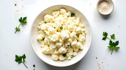 Cauliflower Rice in Bowl with Fresh Parsley (Gluten-Free Cuisine)