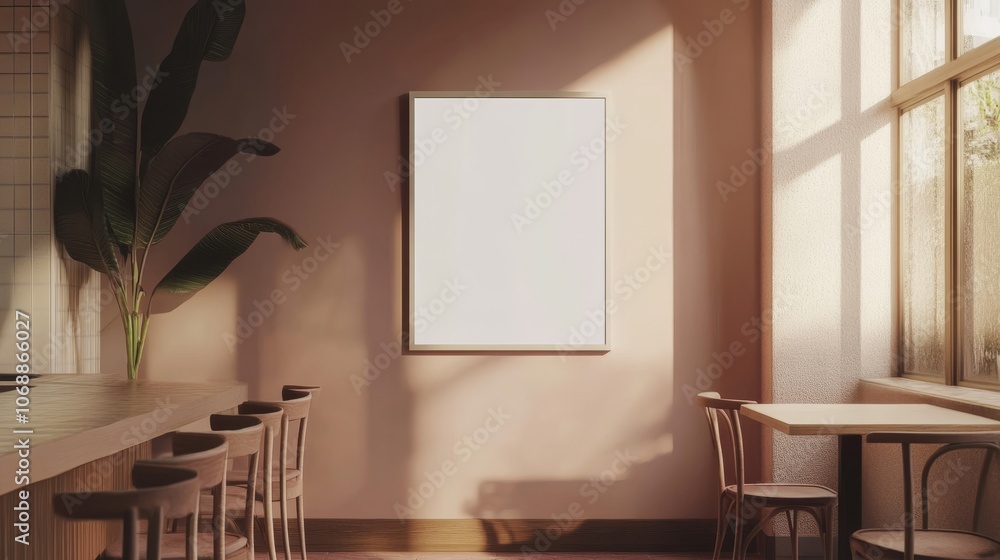 Poster mockup of a poster frame on a wall inside a modern cafe with a window.