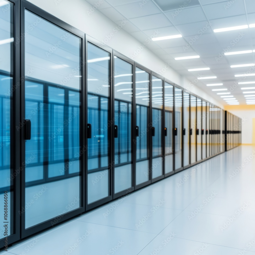Poster row of glass-fronted server racks in a modern data center.