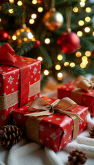 Christmas gifts with red ribbons under decorated tree with ornaments and lights