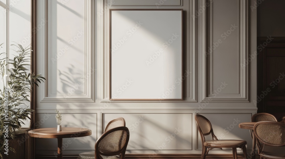 Poster mockup of a blank canvas poster in a classic interior with two chairs and a table