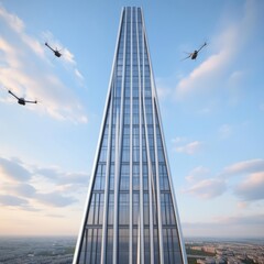 Obraz premium Three drones fly in formation over a tall skyscraper.